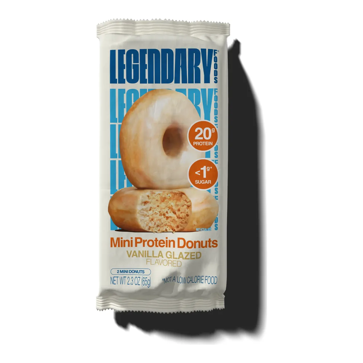 Legendary Foods mini protein donuts in vanilla glazed, two donuts per pack